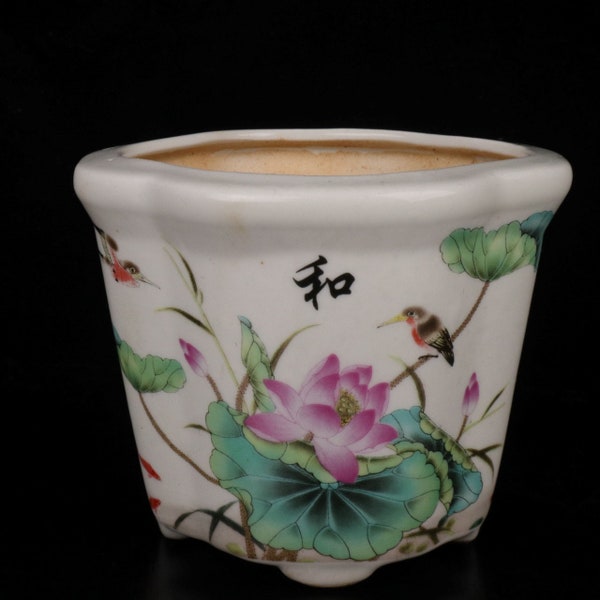 Chinese antique ceramic powder colored flower bird lotus flower small flower pot