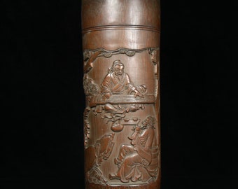 Chinese antique bamboo carving figure painting barrel