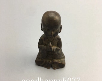 Collectibles Pure Hand Carved Pure Copper Meditation Little Monk Statue.12