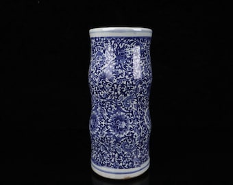 Porcelaine bleue et blanche / porte-stylo en bambou entrelacé bleu et blanc fait à la main.cqcj