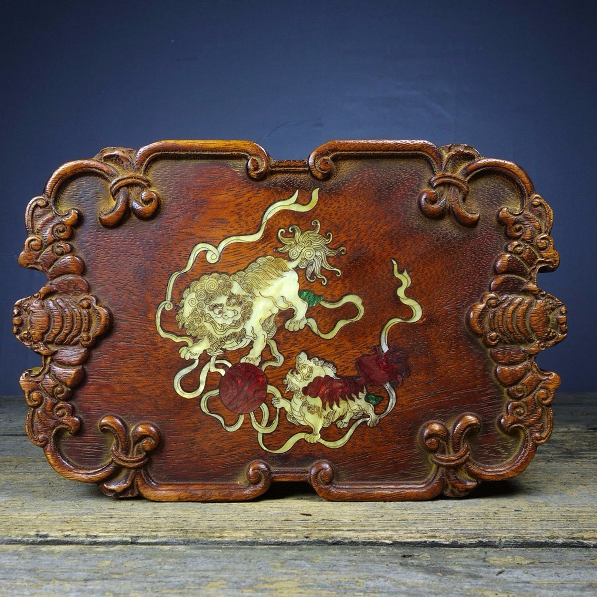 Chinese antique wooden carved tea plate