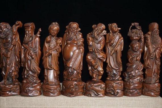 Chinese Ancient Boxwood Statue, Hand-carved Eight Immortals
