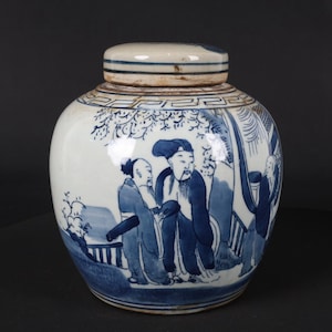 Chinese antique blue and white character story pattern covered jar