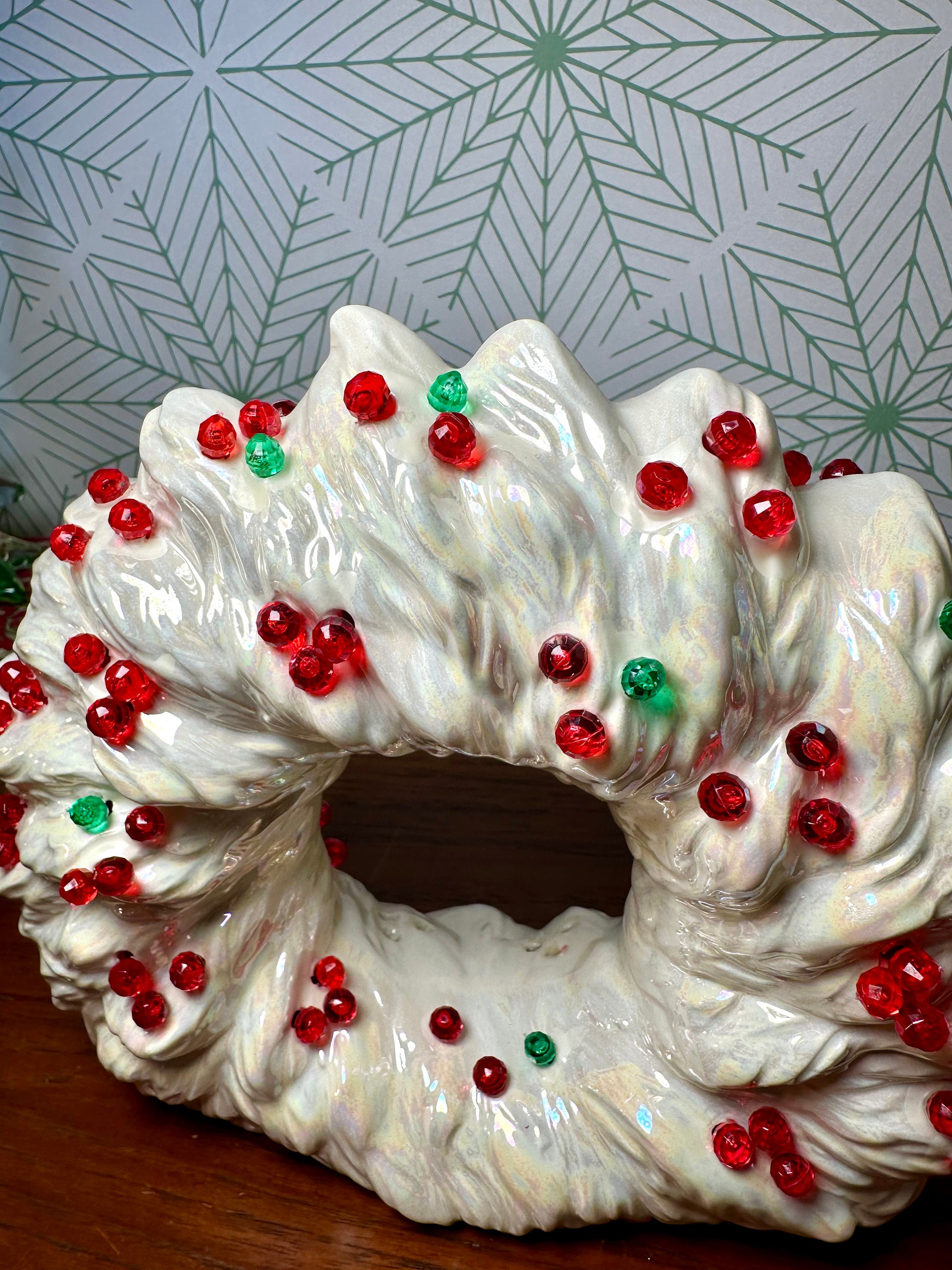Vintage Iridescent Glaze Ceramic Wreath With Holly Colored Bulbs by