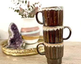 Set of 3 vintage stackable drip glaze pottery mugs made in Japan