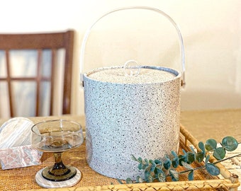 Vintage gray speckled ice bucket with lucite handle and knob