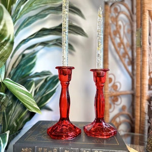 Vintage Fostoria red glass candlestick pair [candles not included/NFS]