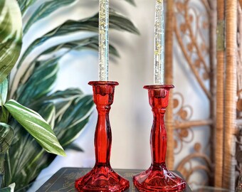 Vintage Fostoria red glass candlestick pair [candles not included/NFS]