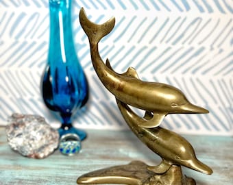 Vintage Brass Dolphin Statue, Nautical Coastal Decor