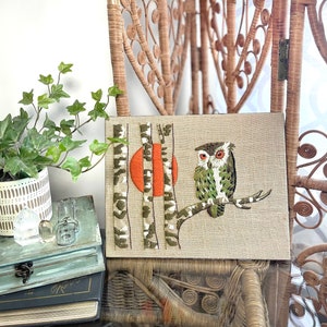 Broderie Crewel Vintage Erica Wilson - Hibou Dans Les Bouleaux Au Coucher Du Soleil, Non Encadrée
