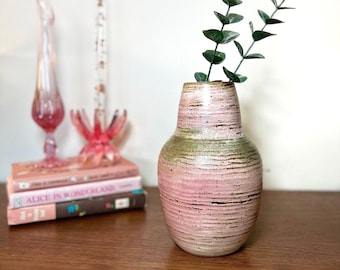 Vintage pink and gray/taupe/moss signed studio pottery vase