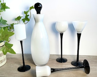 Vintage black and white art glass decanter and 4 cordial set