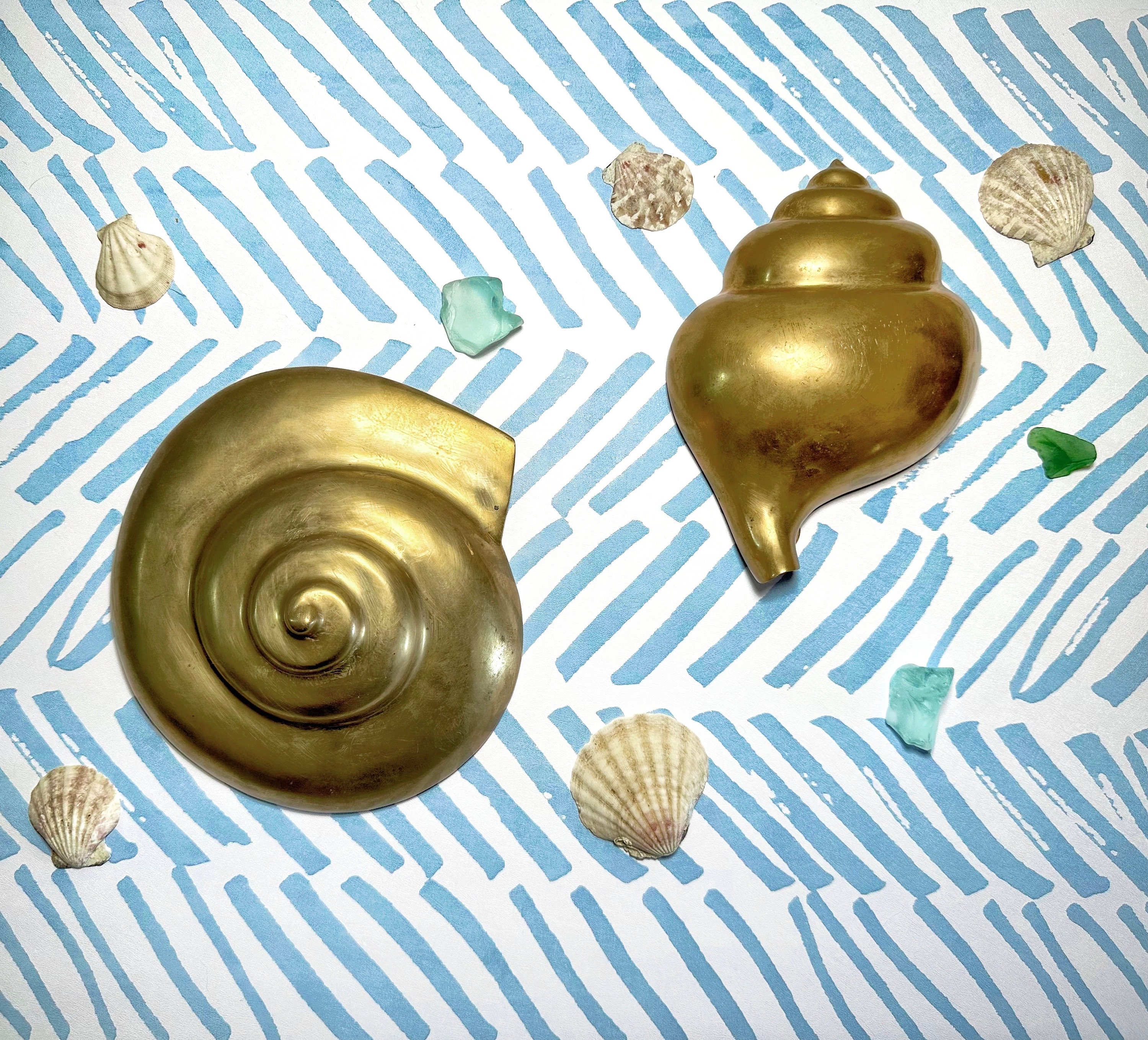 Pair of Vintage Brass Seashell Wall Hangings, Nautical, Coastal, Beach  House 