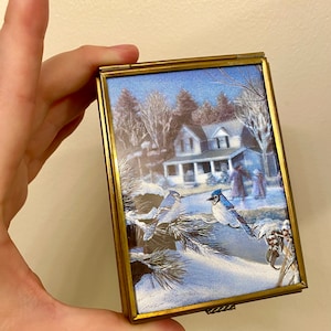 Vintage Enesco winter scene stained glass mirrored jewelry box