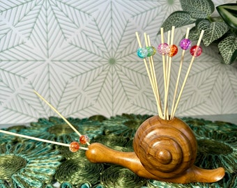 Vintage olive wood snail toothpick holder, appetizer pick holder