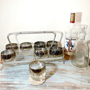 Midcentury silver fade mercury mirror fade roly poly 8 glass set with caddy MCM Queens Lusterware/ Dorothy Thorpe style set
