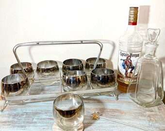 Midcentury Silver Fade Roly Poly Glasses with Caddy: MCM Barware Set