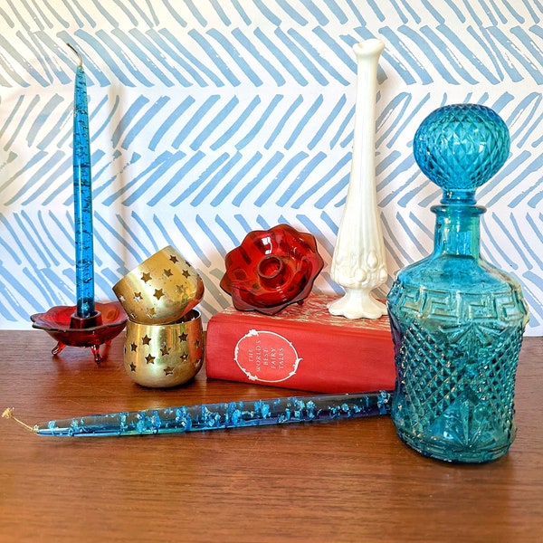 Vintage variety- Blue lucite candles, Fairytales book, Blue glass decanter, Brass votives, Fenton bud vase, Fenton amberina candlesticks