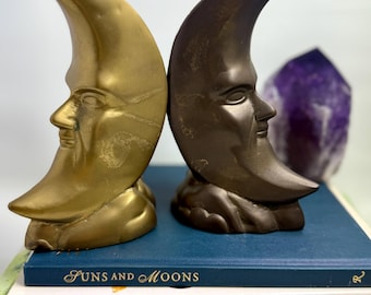 Vintage brass man in the moon celestial bookends, Anthropomorphic moon