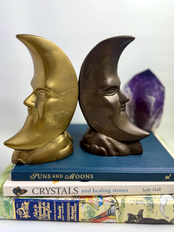 Vintage brass man in the moon celestial bookends, Anthropomorphic moon