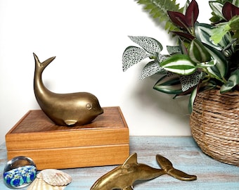 Vintage Brass Whale and Dolphin Figurines, Nautical Coastal Decor