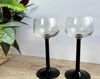 Pair of vintage Luminarc France black stem wine glasses