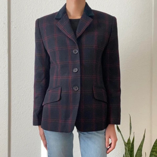 Vintage Plaid Wool Blazer Jacket, by Jones New York Petite, Size 2P