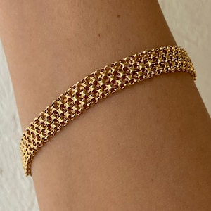 Vintage 14K Solid Yellow Italian Gold Flat Woven Bismark Chain Link Bracelet w/ Lobster Clasp