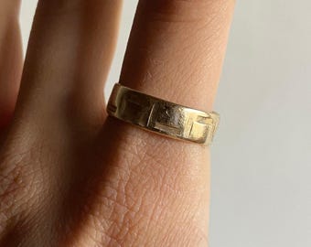 Vintage 14K Solid Yellow Gold Cigar Band 1970s Wide Wedding Ring, Etched w/ Inner Engraving, Size 8.25