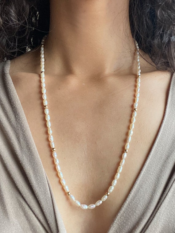 Vintage 14K Gold & Rice Pearl Necklace - image 1