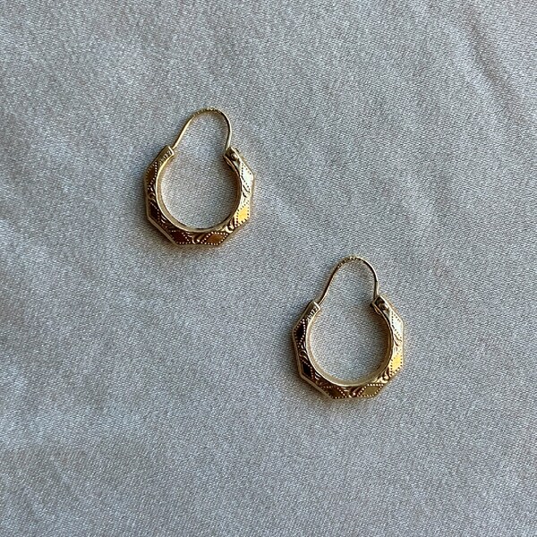 Vintage 14K Gold Mini Creole Hoops with Etched Design
