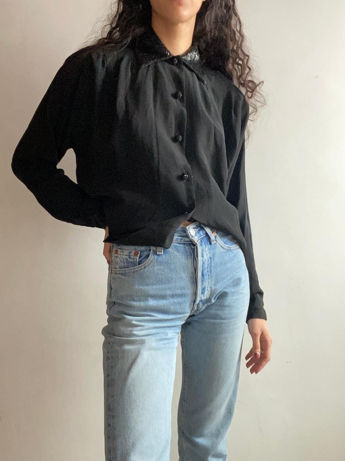 Vintage 1980s Calvin Klein Classics Blouse with Sequin Collar, Union Made