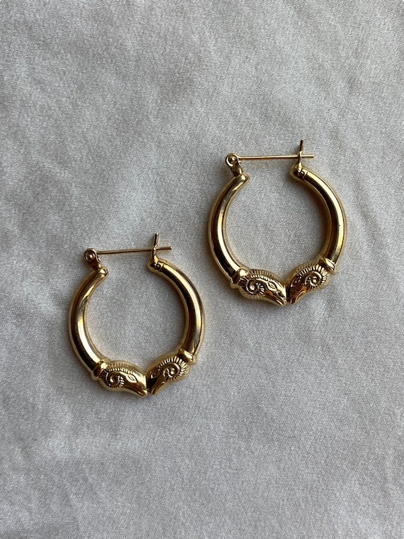 Vintage 14K Gold Rams-Head Hoop Earrings