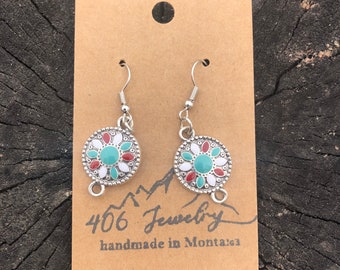Multi color Earrings Turquoise Red earrings Made in Montana Handmade Jewelry Western Wear Turquoise Gem Gift for her native montana earrings