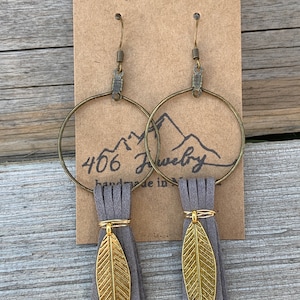Grey leather Earrings gold leaf Made in Montana Handmade Jewelry leather earrings Gift for her Montana earrings  Montana Jewelry 406