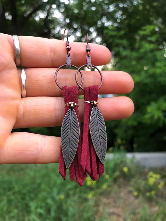 Maroon Leather Earrings Made in Montana Handmade Jewelry