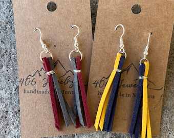 Bobcat Ohrringe Leder Fransen Ohrringe Made in Montana Handmade Schmuck Montana Ohrringe montana jewelry MSU Bozeman 406 handgemachtes Geschenk