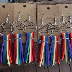 Rainbow earrings handmade in Montana rainbow jewelry leather earrings Pride earrings pride jewelry Montana made june earrings 406 MT
