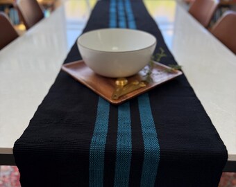 Woven Table Runner - Teal on Black