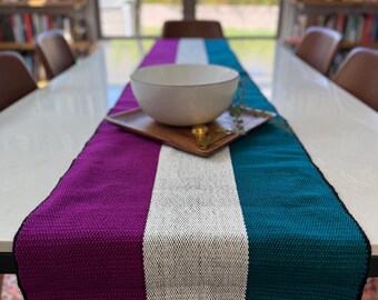 Woven Table Runner - Magenta, White, Teal