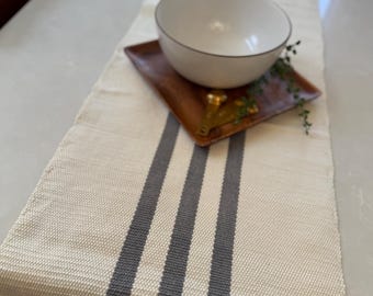 Woven Table Runner - Grey on Bone