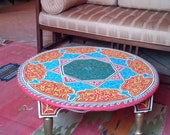 Moroccan Handpainted tea table, painted Moroccan boho furniture, round wooden stool, Wooden side coffee table, table basse colorée