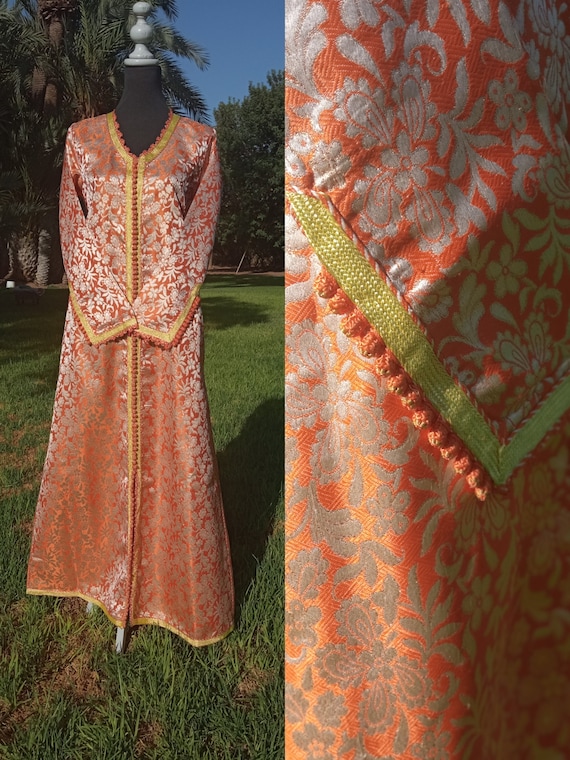 60s Ethnic Vintage Metallic Orange and Gold Broca… - image 1