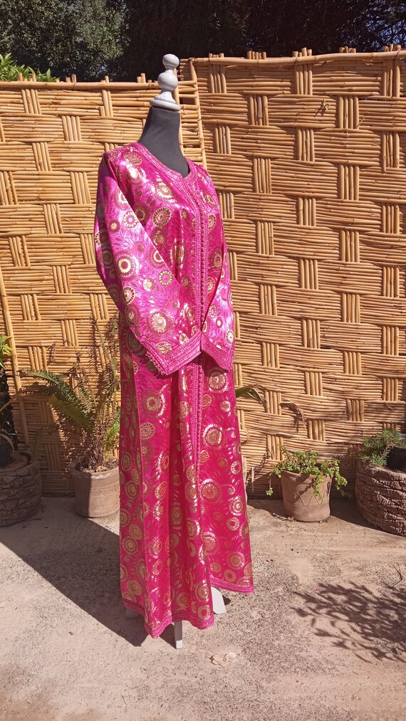 1960s Vivid Pink Silk and Gold Braid Rainbow Caftan