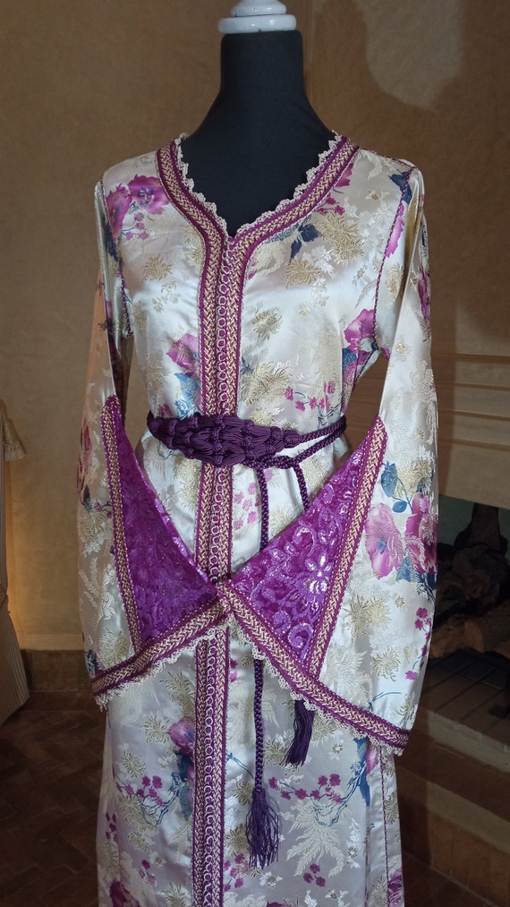 70s Embroidered Metallic Caftan fleuri dress, Vin… - image 8