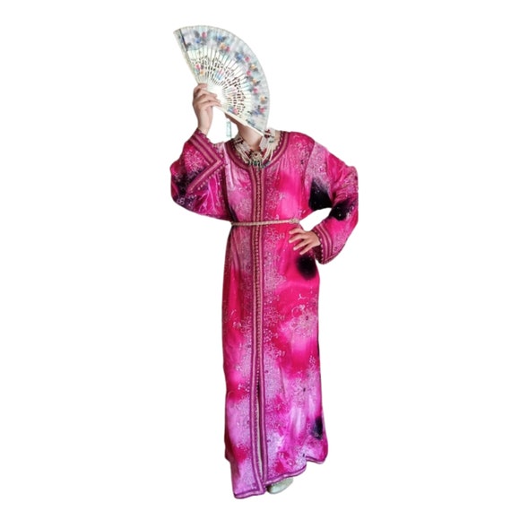 90s Pink Velvet Kaftan dress with Gold for women,… - image 1