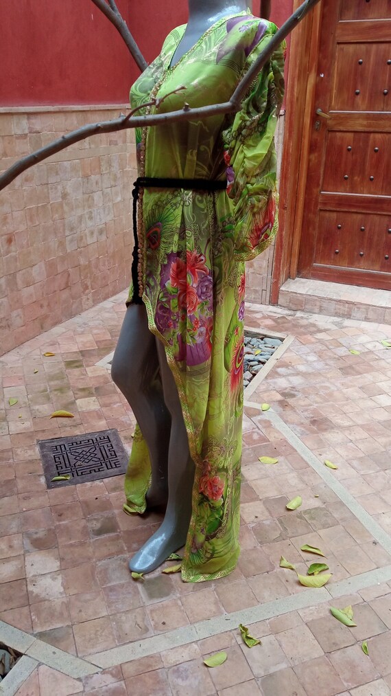 Vintage Green Peacock Kaftan dress, African long … - image 4