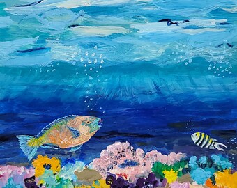 Fish in the Coral Reef Painting, Original Acrylic on Wood Panel