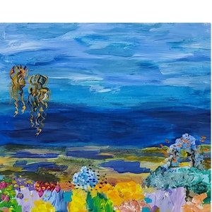 Seaweed Coral Reef Painting, Original Acrylic on Wood Panel