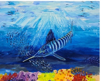 Sailfish Coral Reef Painting, Original Acrylic on Wood Panel